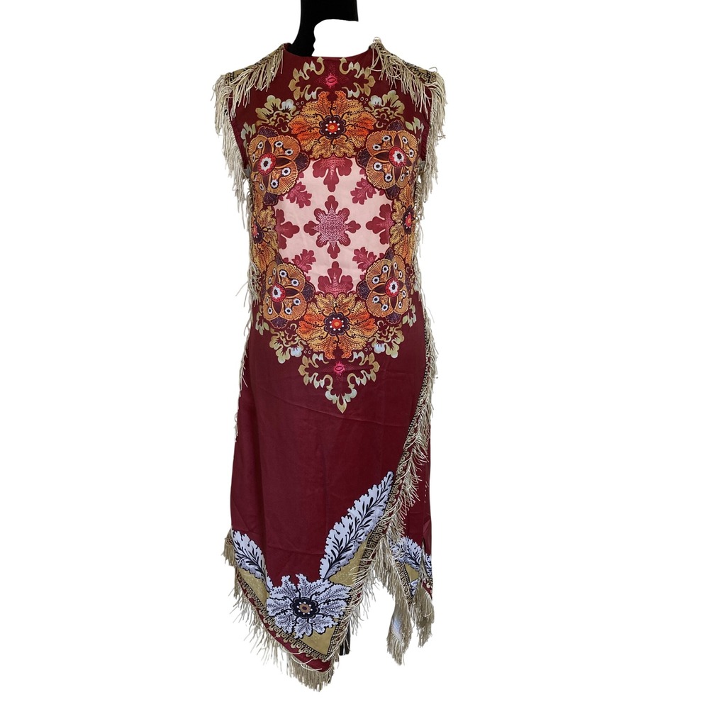 Boho Fringe Asymmetrical Handkerchief Hem Floral Medallion Midi Dress Small